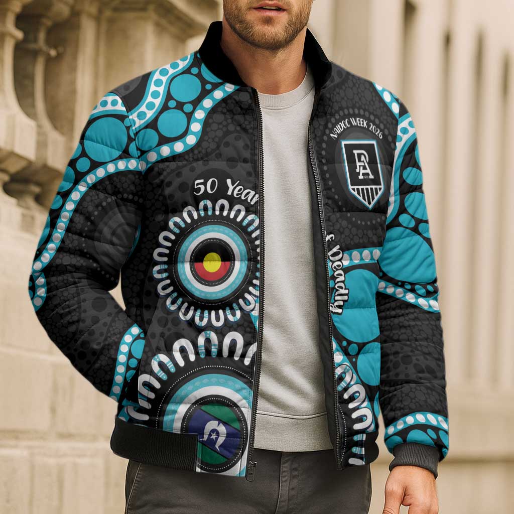 Port Adelaide NAIDOC 2026 Personalised Bomber Puffer Jacket 50 Years of Deadly Aboriginal Art
