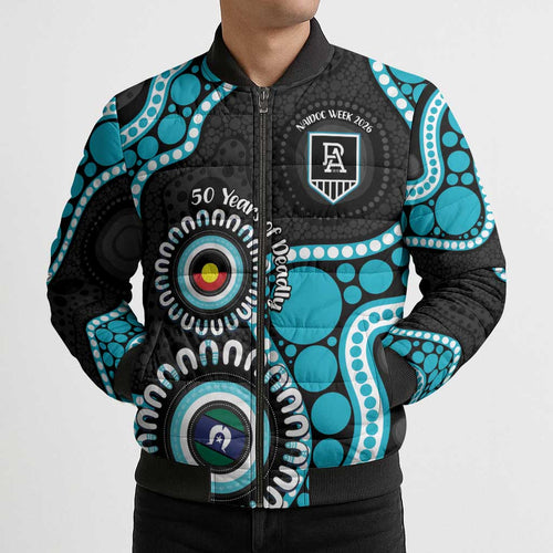 Port Adelaide NAIDOC 2026 Personalised Bomber Puffer Jacket 50 Years of Deadly Aboriginal Art