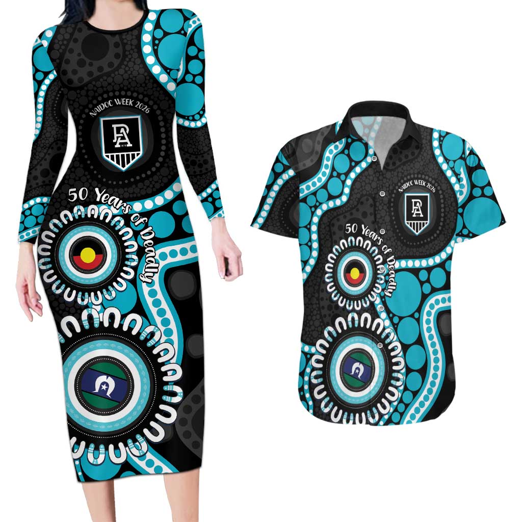 Port Adelaide NAIDOC 2026 Personalised Couples Matching Long Sleeve Bodycon Dress and Hawaiian Shirt 50 Years of Deadly Aboriginal Art