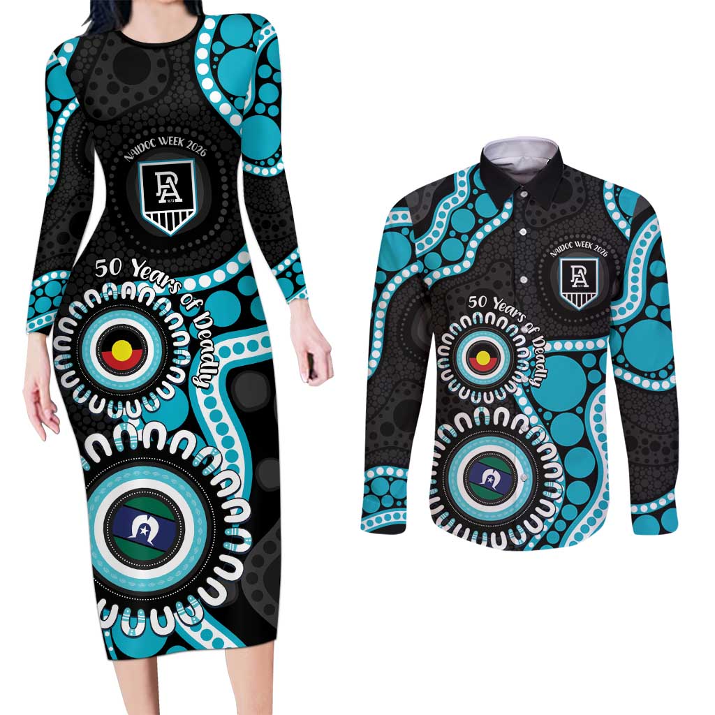 Port Adelaide NAIDOC 2026 Personalised Couples Matching Long Sleeve Bodycon Dress and Long Sleeve Button Shirt 50 Years of Deadly Aboriginal Art