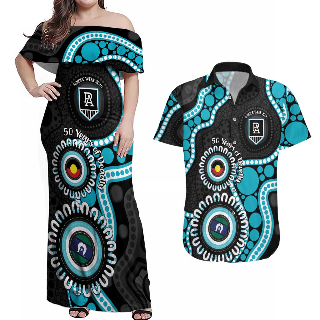 Port Adelaide NAIDOC 2026 Personalised Couples Matching Off Shoulder Maxi Dress and Hawaiian Shirt 50 Years of Deadly Aboriginal Art