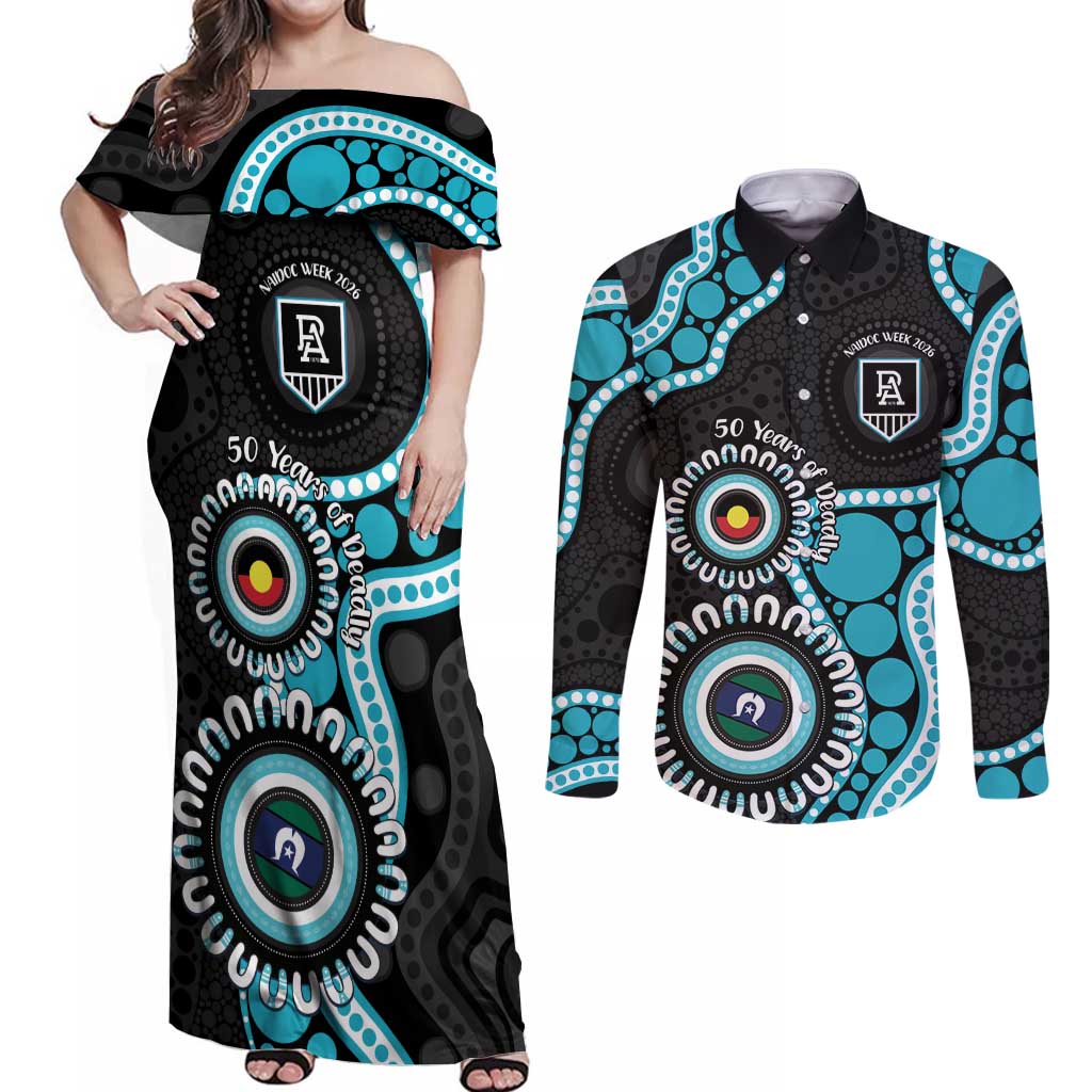 Port Adelaide NAIDOC 2026 Personalised Couples Matching Off Shoulder Maxi Dress and Long Sleeve Button Shirt 50 Years of Deadly Aboriginal Art
