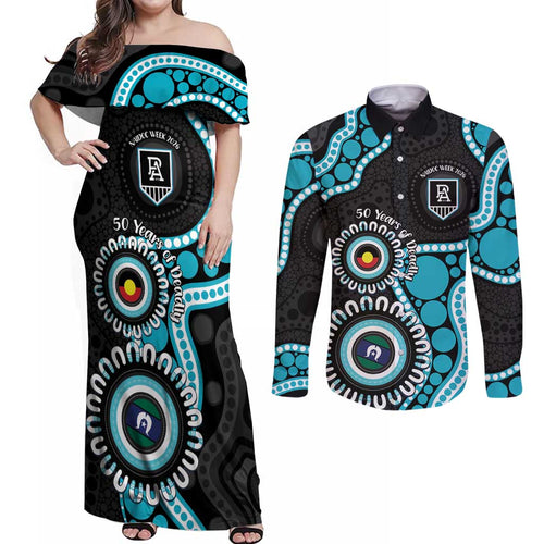 Port Adelaide NAIDOC 2026 Personalised Couples Matching Off Shoulder Maxi Dress and Long Sleeve Button Shirt 50 Years of Deadly Aboriginal Art