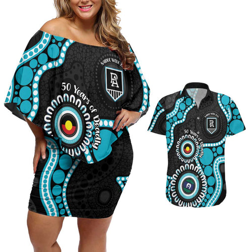Port Adelaide NAIDOC 2026 Personalised Couples Matching Off Shoulder Short Dress and Hawaiian Shirt 50 Years of Deadly Aboriginal Art