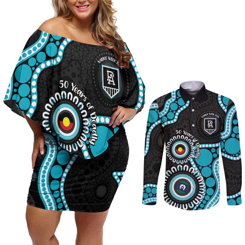 Port Adelaide NAIDOC 2026 Personalised Couples Matching Off Shoulder Short Dress and Long Sleeve Button Shirt 50 Years of Deadly Aboriginal Art