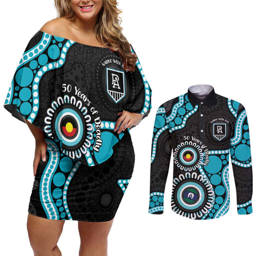 Port Adelaide NAIDOC 2026 Personalised Couples Matching Off Shoulder Short Dress and Long Sleeve Button Shirt 50 Years of Deadly Aboriginal Art