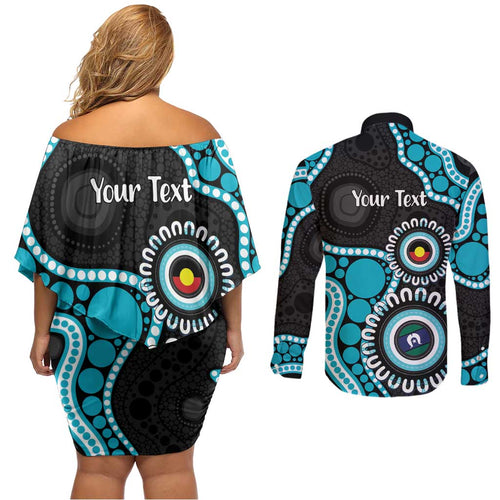Port Adelaide NAIDOC 2026 Personalised Couples Matching Off Shoulder Short Dress and Long Sleeve Button Shirt 50 Years of Deadly Aboriginal Art