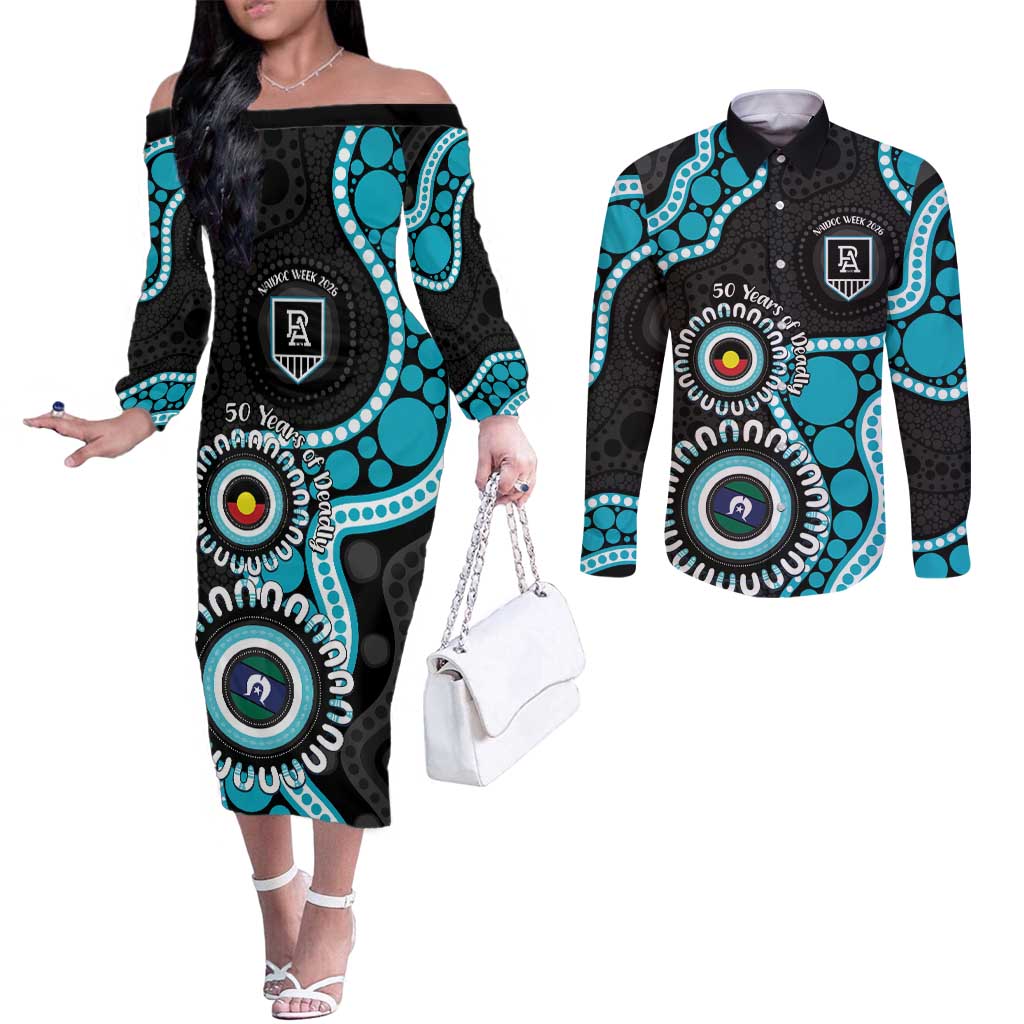 Port Adelaide NAIDOC 2026 Personalised Couples Matching Off The Shoulder Long Sleeve Dress and Long Sleeve Button Shirt 50 Years of Deadly Aboriginal Art