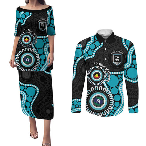 Port Adelaide NAIDOC 2026 Personalised Couples Matching Puletasi and Long Sleeve Button Shirt 50 Years of Deadly Aboriginal Art