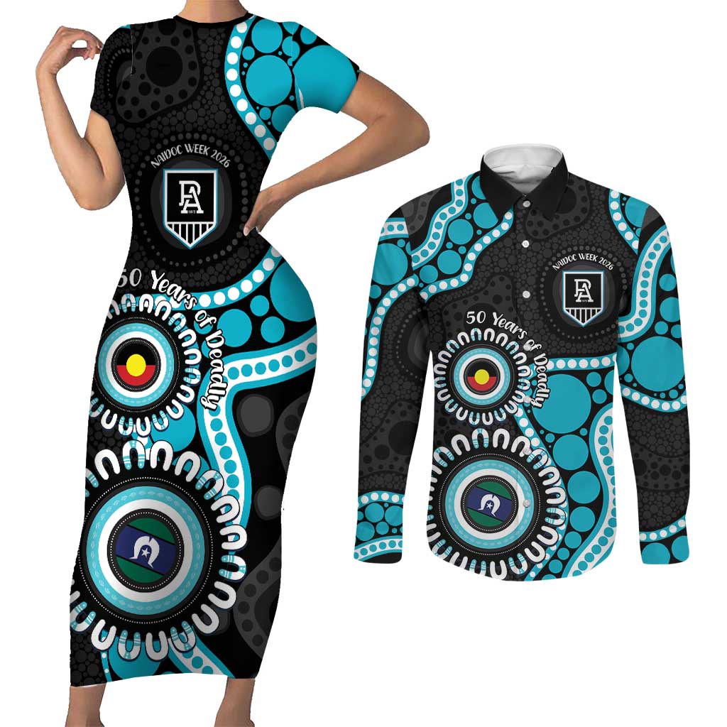Port Adelaide NAIDOC 2026 Personalised Couples Matching Short Sleeve Bodycon Dress and Long Sleeve Button Shirt 50 Years of Deadly Aboriginal Art