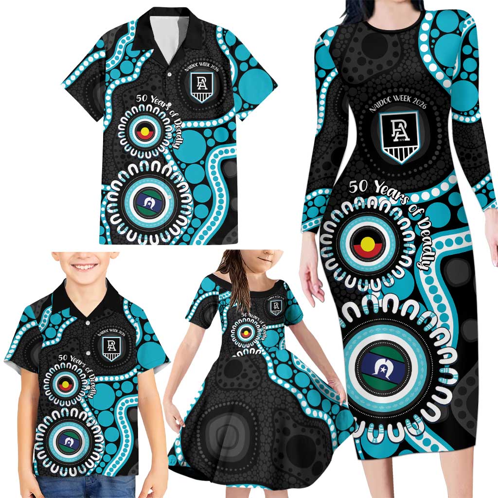 Port Adelaide NAIDOC 2026 Personalised Family Matching Long Sleeve Bodycon Dress and Hawaiian Shirt 50 Years of Deadly Aboriginal Art