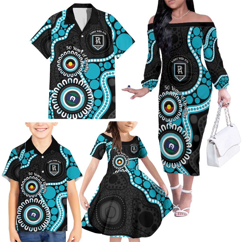 Port Adelaide NAIDOC 2026 Personalised Family Matching Off The Shoulder Long Sleeve Dress and Hawaiian Shirt 50 Years of Deadly Aboriginal Art
