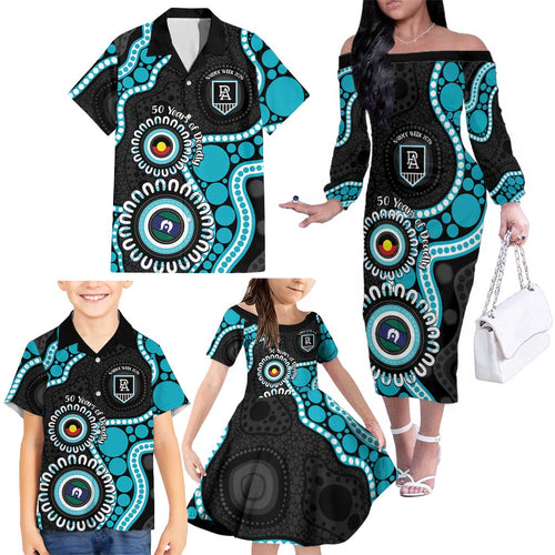 Port Adelaide NAIDOC 2026 Personalised Family Matching Off The Shoulder Long Sleeve Dress and Hawaiian Shirt 50 Years of Deadly Aboriginal Art