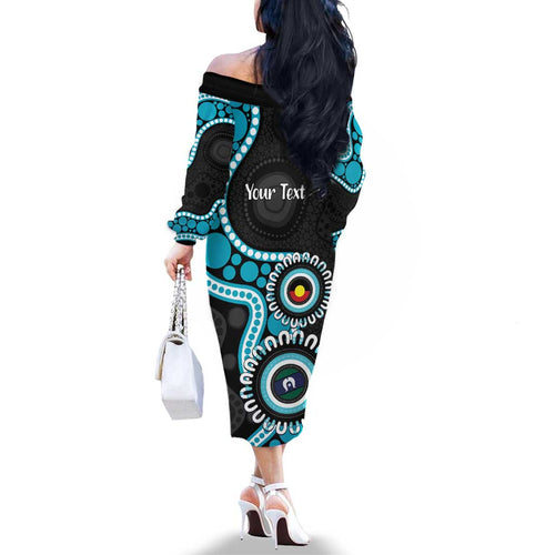 Port Adelaide NAIDOC 2026 Personalised Family Matching Off The Shoulder Long Sleeve Dress and Hawaiian Shirt 50 Years of Deadly Aboriginal Art