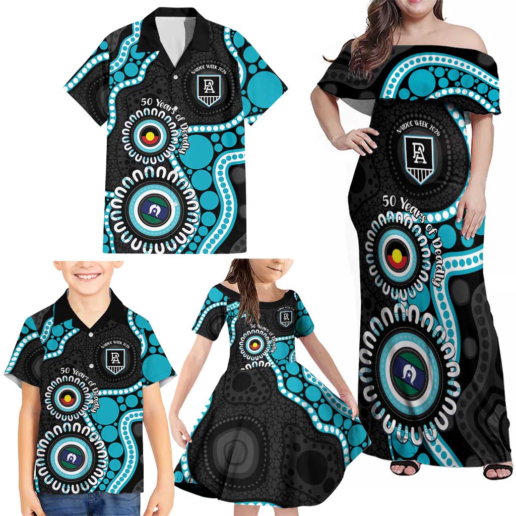 Port Adelaide NAIDOC 2026 Personalised Family Matching Off Shoulder Maxi Dress and Hawaiian Shirt 50 Years of Deadly Aboriginal Art