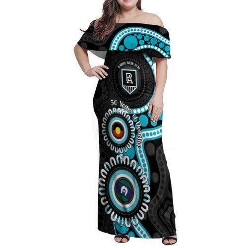 Port Adelaide NAIDOC 2026 Personalised Family Matching Off Shoulder Maxi Dress and Hawaiian Shirt 50 Years of Deadly Aboriginal Art