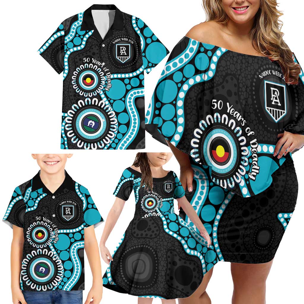 Port Adelaide NAIDOC 2026 Personalised Family Matching Off Shoulder Short Dress and Hawaiian Shirt 50 Years of Deadly Aboriginal Art