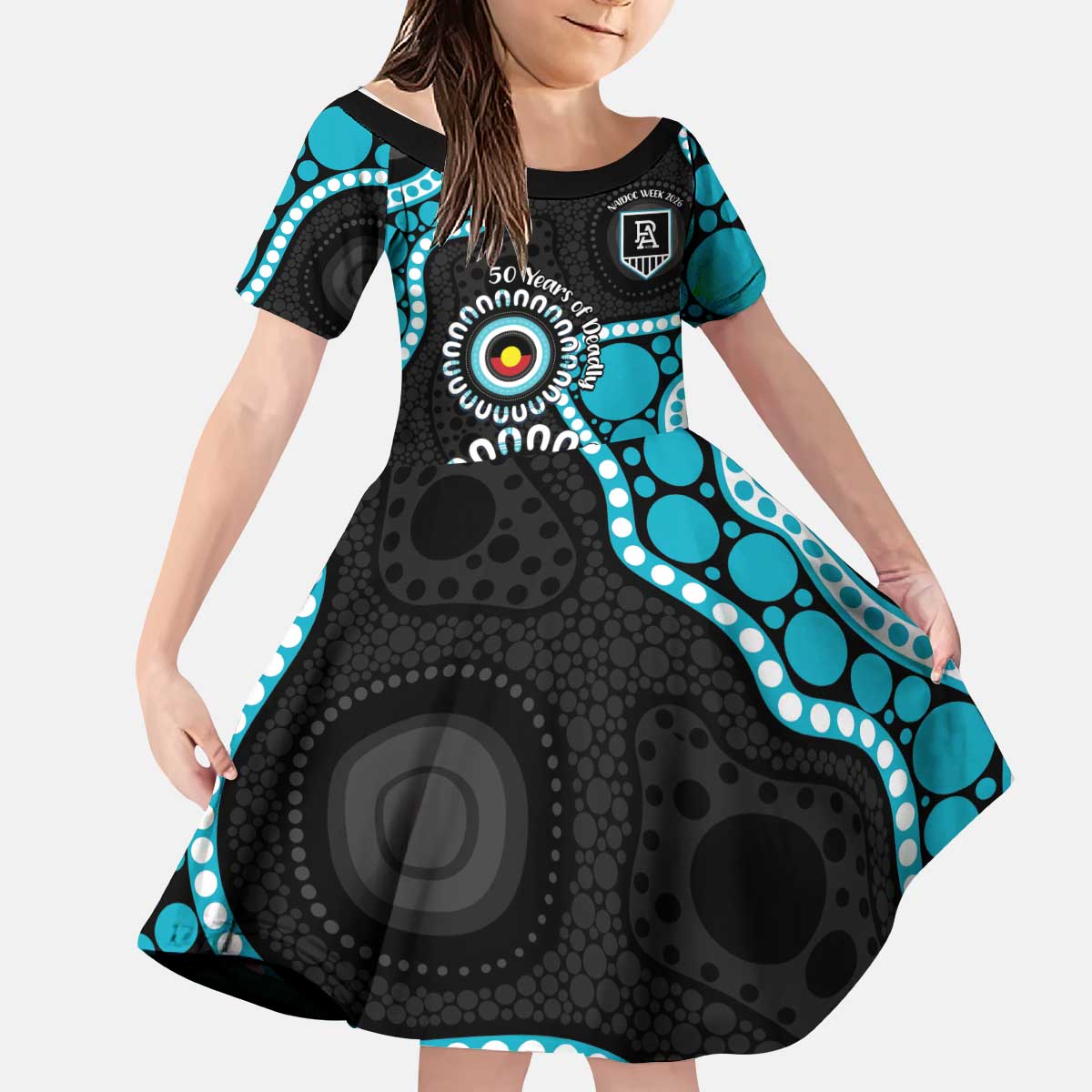 Port Adelaide NAIDOC 2026 Personalised Kid Short Sleeve Dress 50 Years of Deadly Aboriginal Art