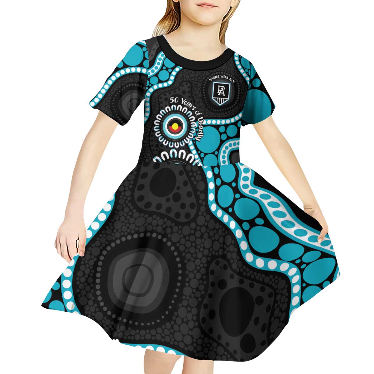 Port Adelaide NAIDOC 2026 Personalised Kid Short Sleeve Dress 50 Years of Deadly Aboriginal Art