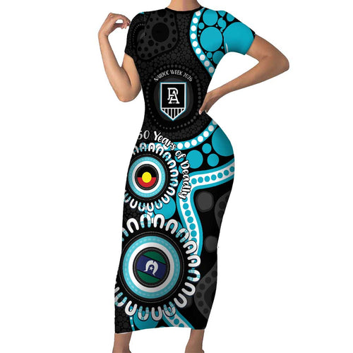 Port Adelaide NAIDOC 2026 Personalised Short Sleeve Bodycon Dress 50 Years of Deadly Aboriginal Art