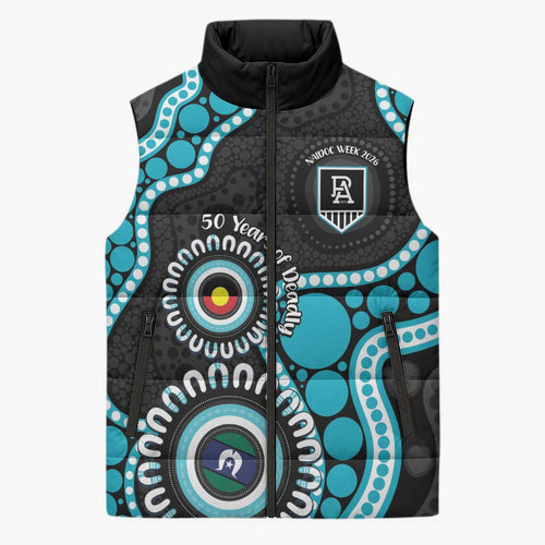 Port Adelaide NAIDOC 2026 Personalised Sleeveless Puffer Jacket 50 Years of Deadly Aboriginal Art