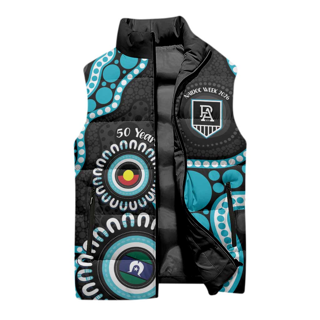 Port Adelaide NAIDOC 2026 Personalised Sleeveless Puffer Jacket 50 Years of Deadly Aboriginal Art