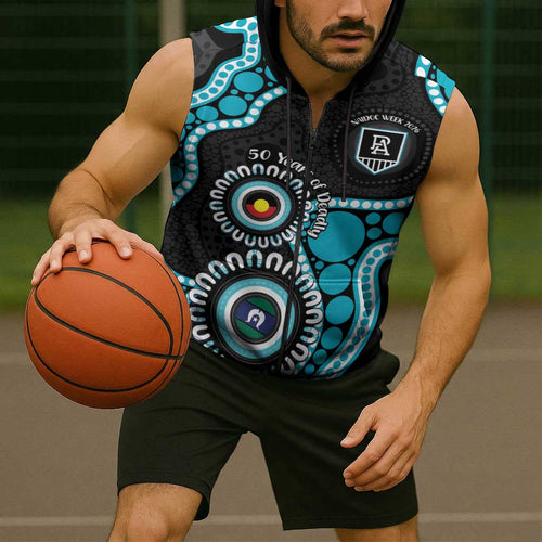Port Adelaide NAIDOC 2026 Personalised Sleeveless Zip Hoodie 50 Years of Deadly Aboriginal Art
