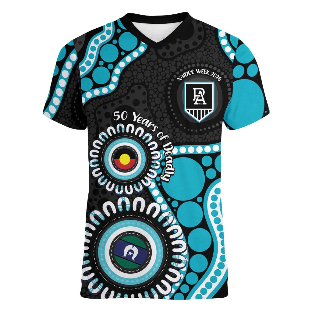 Port Adelaide NAIDOC 2026 Personalised Women V-Neck T-Shirt 50 Years of Deadly Aboriginal Art