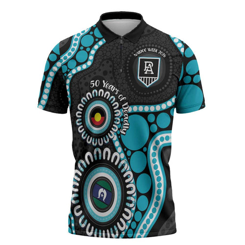 Port Adelaide NAIDOC 2026 Personalised Zipper Polo Shirt 50 Years of Deadly Aboriginal Art