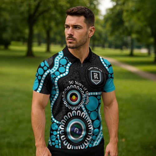Port Adelaide NAIDOC 2026 Personalised Zipper Polo Shirt 50 Years of Deadly Aboriginal Art