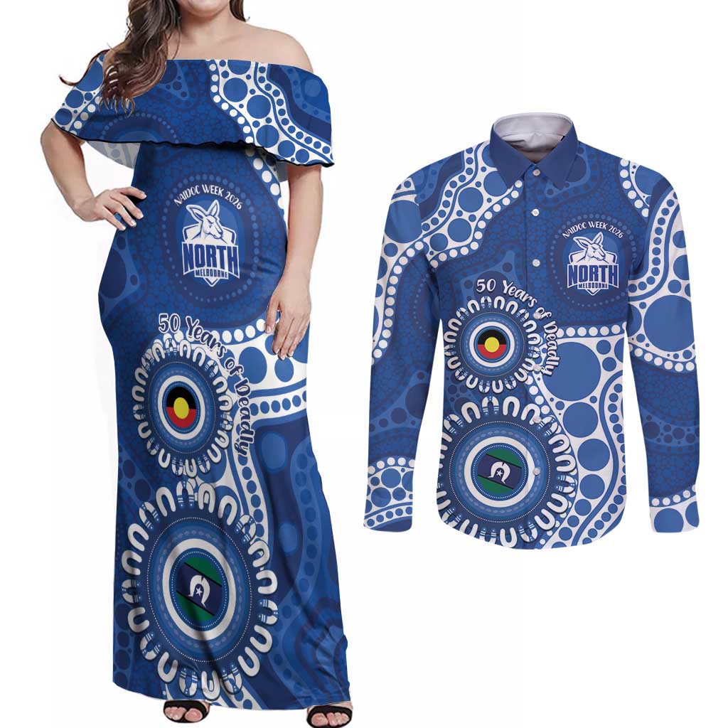 Kangaroos NAIDOC 2026 Personalised Couples Matching Off Shoulder Maxi Dress and Long Sleeve Button Shirt 50 Years of Deadly Aboriginal Art