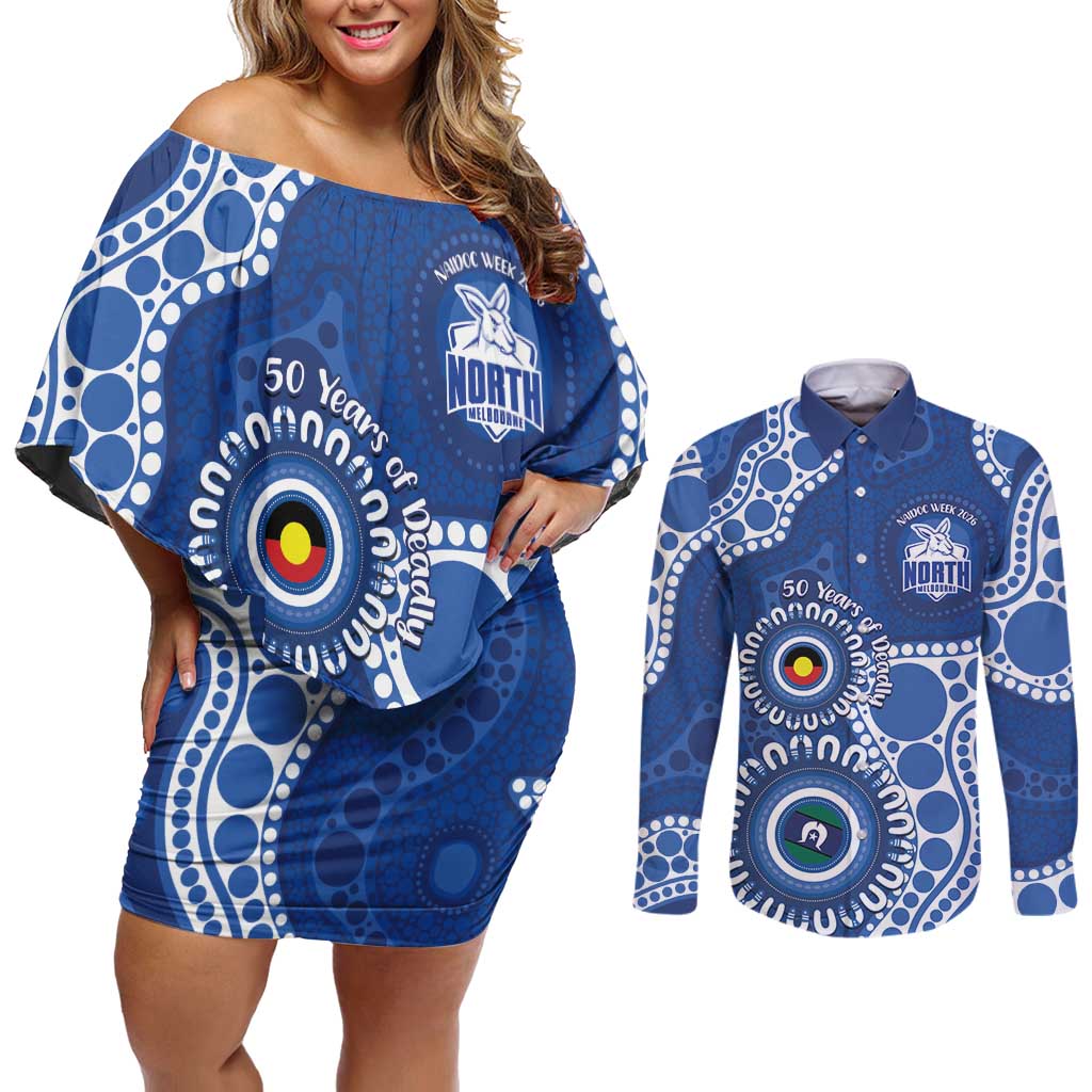 Kangaroos NAIDOC 2026 Personalised Couples Matching Off Shoulder Short Dress and Long Sleeve Button Shirt 50 Years of Deadly Aboriginal Art