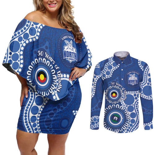 Kangaroos NAIDOC 2026 Personalised Couples Matching Off Shoulder Short Dress and Long Sleeve Button Shirt 50 Years of Deadly Aboriginal Art