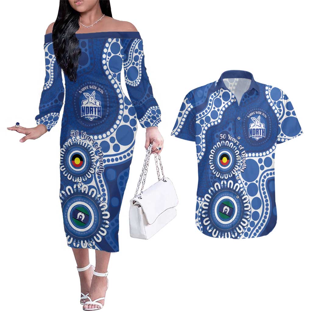 Kangaroos NAIDOC 2026 Personalised Couples Matching Off The Shoulder Long Sleeve Dress and Hawaiian Shirt 50 Years of Deadly Aboriginal Art