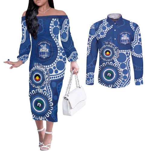 Kangaroos NAIDOC 2026 Personalised Couples Matching Off The Shoulder Long Sleeve Dress and Long Sleeve Button Shirt 50 Years of Deadly Aboriginal Art
