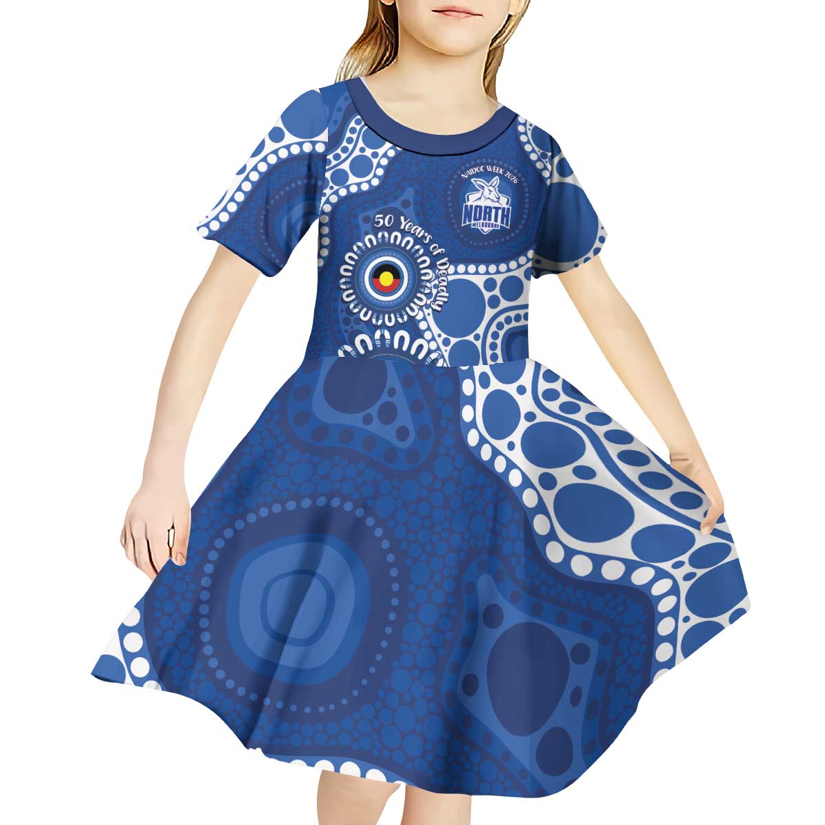 Kangaroos NAIDOC 2026 Personalised Kid Short Sleeve Dress 50 Years of Deadly Aboriginal Art