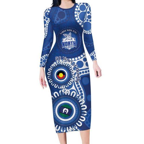 Kangaroos NAIDOC 2026 Personalised Long Sleeve Bodycon Dress 50 Years of Deadly Aboriginal Art