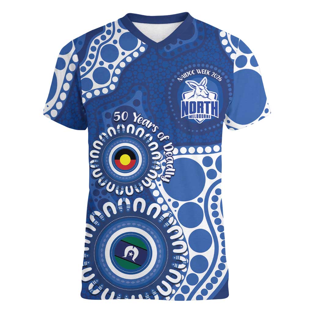 Kangaroos NAIDOC 2026 Personalised Women V-Neck T-Shirt 50 Years of Deadly Aboriginal Art