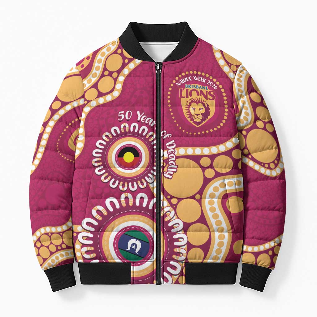 Brisbane Lions NAIDOC 2026 Personalised Bomber Puffer Jacket 50 Years of Deadly Aboriginal Art