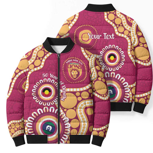 Brisbane Lions NAIDOC 2026 Personalised Bomber Puffer Jacket 50 Years of Deadly Aboriginal Art