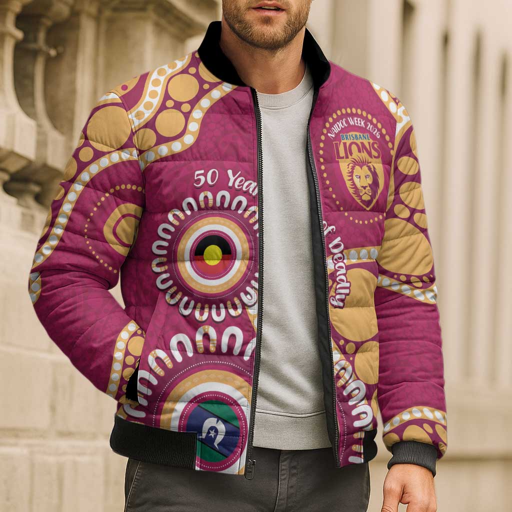Brisbane Lions NAIDOC 2026 Personalised Bomber Puffer Jacket 50 Years of Deadly Aboriginal Art