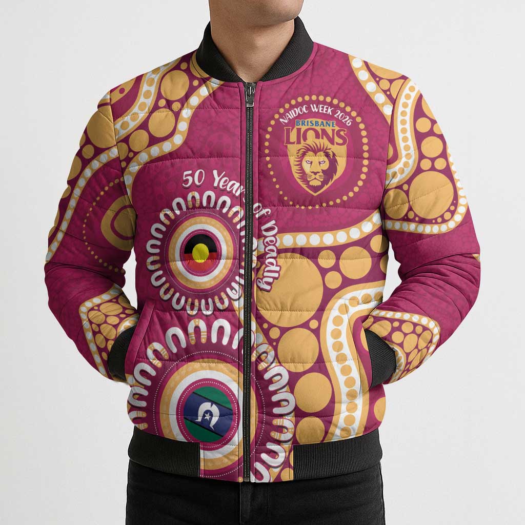 Brisbane Lions NAIDOC 2026 Personalised Bomber Puffer Jacket 50 Years of Deadly Aboriginal Art