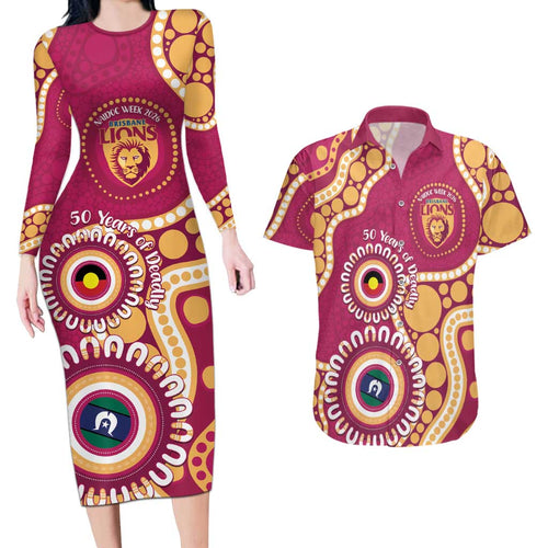 Brisbane Lions NAIDOC 2026 Personalised Couples Matching Long Sleeve Bodycon Dress and Hawaiian Shirt 50 Years of Deadly Aboriginal Art