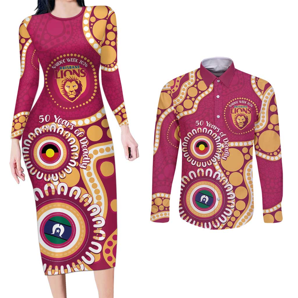 Brisbane Lions NAIDOC 2026 Personalised Couples Matching Long Sleeve Bodycon Dress and Long Sleeve Button Shirt 50 Years of Deadly Aboriginal Art