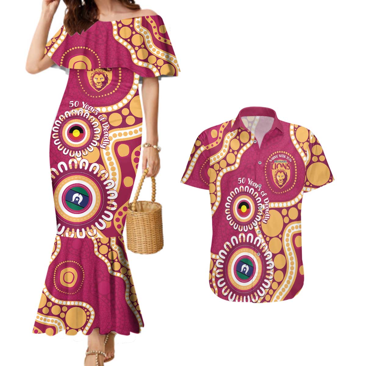 Brisbane Lions NAIDOC 2026 Personalised Couples Matching Mermaid Dress and Hawaiian Shirt 50 Years of Deadly Aboriginal Art