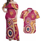Brisbane Lions NAIDOC 2026 Personalised Couples Matching Off Shoulder Maxi Dress and Hawaiian Shirt 50 Years of Deadly Aboriginal Art
