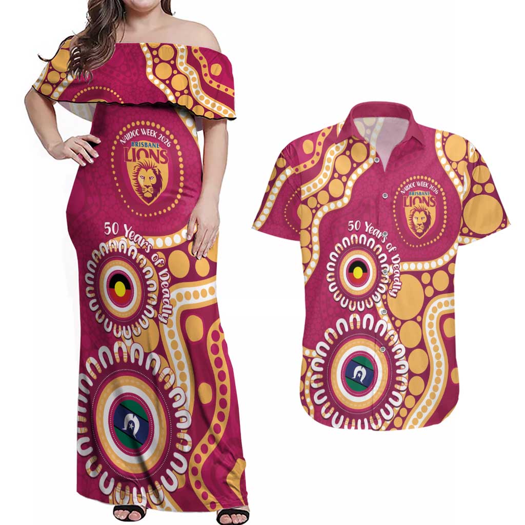 Brisbane Lions NAIDOC 2026 Personalised Couples Matching Off Shoulder Maxi Dress and Hawaiian Shirt 50 Years of Deadly Aboriginal Art