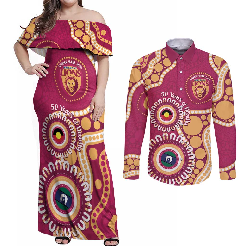 Brisbane Lions NAIDOC 2026 Personalised Couples Matching Off Shoulder Maxi Dress and Long Sleeve Button Shirt 50 Years of Deadly Aboriginal Art