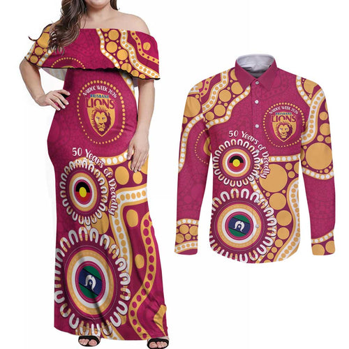 Brisbane Lions NAIDOC 2026 Personalised Couples Matching Off Shoulder Maxi Dress and Long Sleeve Button Shirt 50 Years of Deadly Aboriginal Art