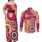 Brisbane Lions NAIDOC 2026 Personalised Couples Matching Off Shoulder Maxi Dress and Long Sleeve Button Shirt 50 Years of Deadly Aboriginal Art